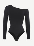 Wholesale Seamless Diagonal Neck Long Sleeve Waist Trimming Thong Bodysuit